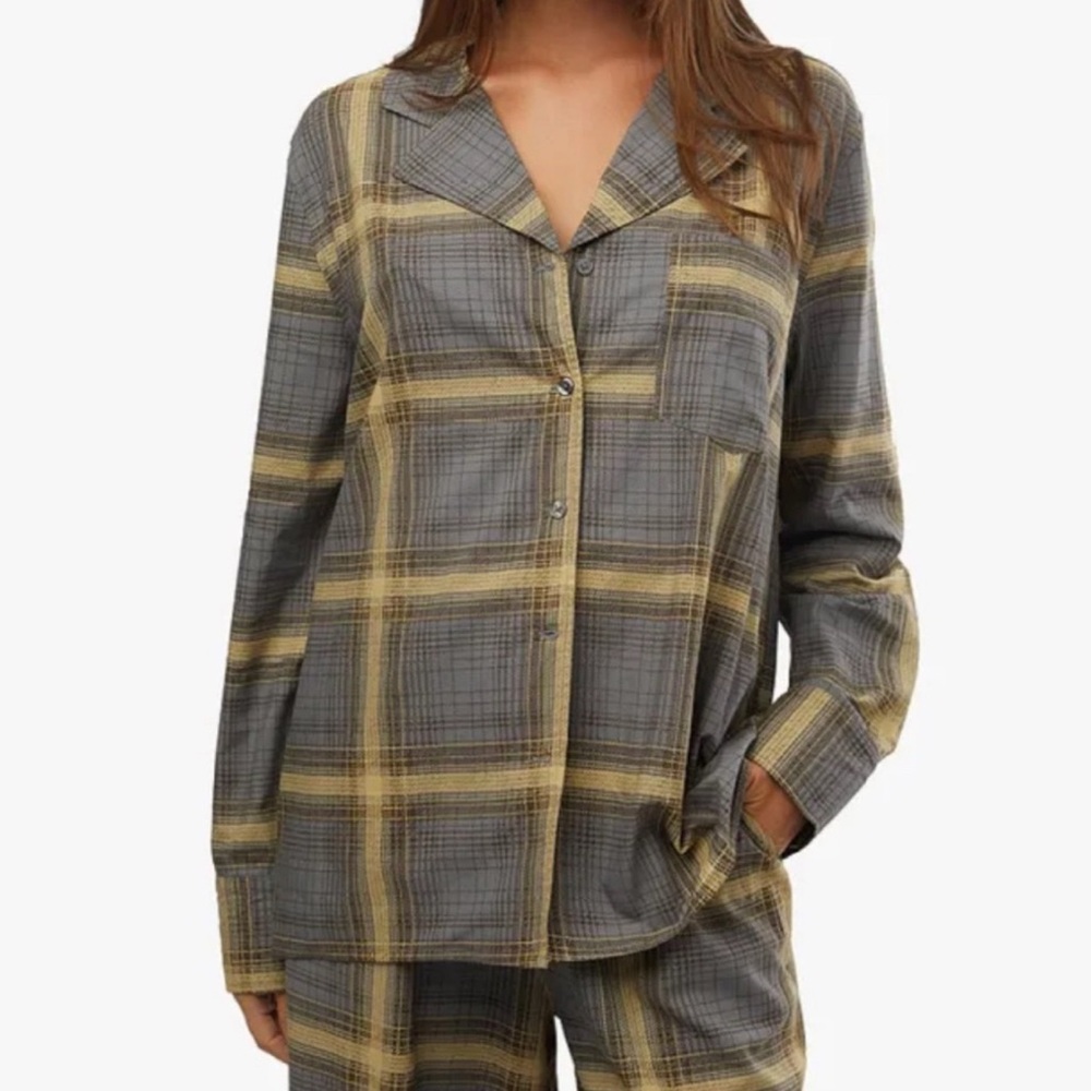 WeWoreWhat Gray and Yellow Plaid Pajama Top
